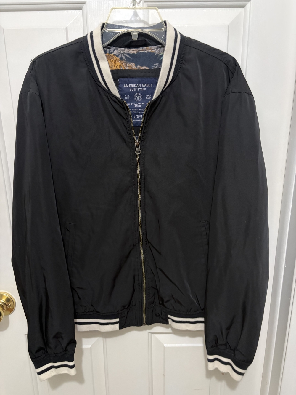 American Eagle Outfitters Black Bomber Jacket with White Stripe Trim